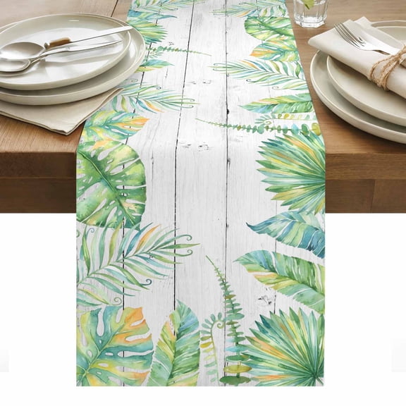 Summer Botanical Table Runner Green Tropical Palm Trees Wooden Grey Tablerunners 13 x 72 Inch, Table Decorations Tabletop Scarf for Summer Gathering Holiday Farmhouse Kitchen Dining Decor
