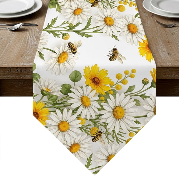 Summer Botanical Table Runner Linen Burlap Table Runner 36 Inches Small Daisy Greenery Pastoral Bee Dresser Scarves for Kitchen Island Coffee Dining Room Party Wedding Banquet Holiday Decor 13"x36"