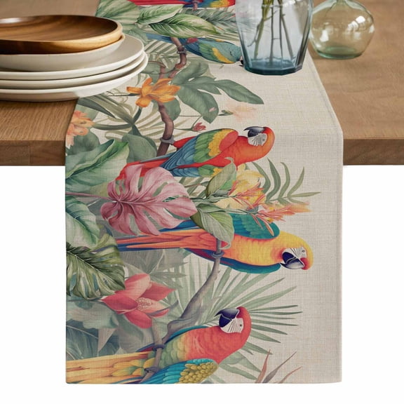 Summer Botanical Table Runner, Rustic Tropical Plants Birds Washable Cotton Linen Table Runners 60 Inches Long, Dresser Scarf Runner for Coffee/TV Stands/Kitchen/Cabinets 13''x60''