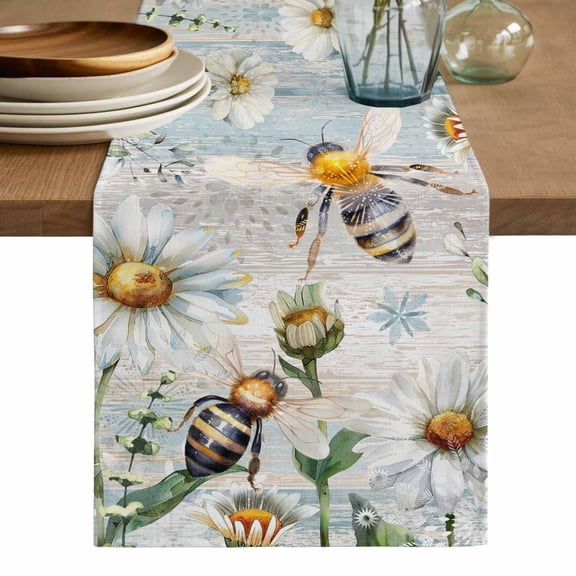Summer Botanical Table Runner, White Daisy Botanical Bee Farmhouse Washable Cotton Linen Table Runners 36 Inches Long, Dresser Scarf Runner for Nightstand/End Tables/Round Tables 13''x36''