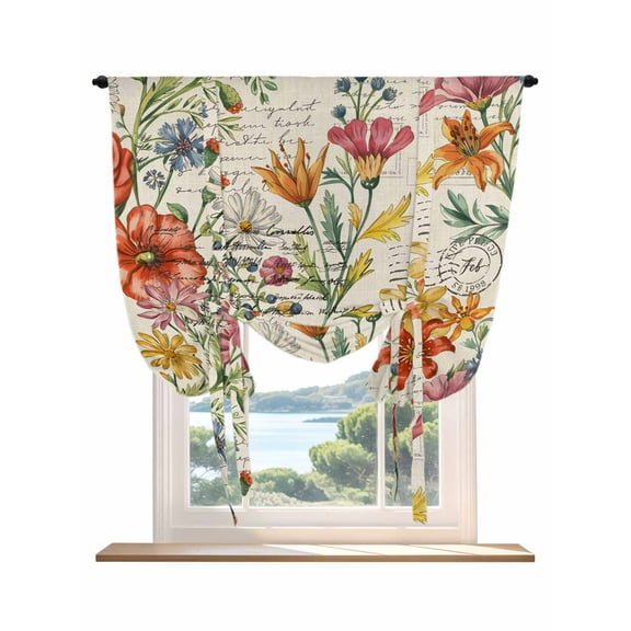 Summer Botanical Tie Up Curtains for Windows 45 Inch Length Balloon Curtains Kitchen Adjustable Balloon Window Shade Vintage Watercolor Flower Palnt Tie Up Valance Bathroom Curtain Window 34"x45"