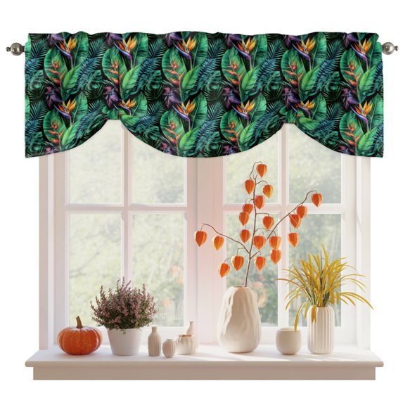 Summer Botanical Tie Up Valance Curtains for Windows, Kitchen Curtains Window Treatments, Tropical Monstera Leaves Flowers Green Short Window Shades Valances for Bedroom Bathroom Cafe 42"x18"