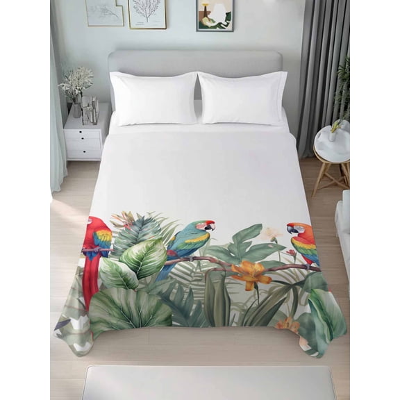 Summer Botanical Twim Size Flat Sheet, Wrinkleproof & Fadeproof Cooling Flat Bed Sheet Only, Watercolor Tropical Plants Birds Breathable Soft Bedding Top Sheets 66 x 96 Inches