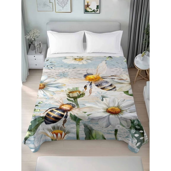Summer Botanical Twim Size Flat Sheet, Wrinkleproof & Fadeproof Cooling Flat Bed Sheet Only, White Daisy Botanical Bee Farmhouse Breathable Soft Bedding Top Sheets 66 x 96 Inches