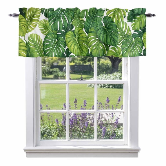 Summer Botanical Valance Curtain for Windows Watercolor Green Monstera Deliciosa Tropical Plant Rod Pocket Curtain Valances Short Window Treatments for Kitchen Bathroom Laundry Basement 42 x 12 Inch
