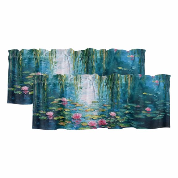 Summer Botanical Valances for Window 2 Pack, Zen Art Water Lilies Pond Weeping Willow Rod Pocket Curtains Valances Light Filtering Short Curtains for Kitchen Bedroom Bathroom 42 x 12 Inch