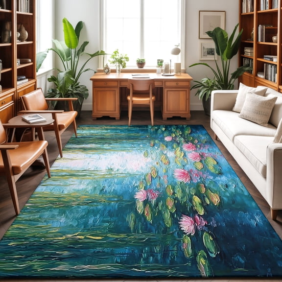 Summer Botanical Washable Area Rug 9 x 12 ft Zen Art Water Lilies Pond Weeping Willow, Soft Non Slip Rugs Stain Repellent Indoor Felt Carpet for Living Dining Room Bedroom Home Office