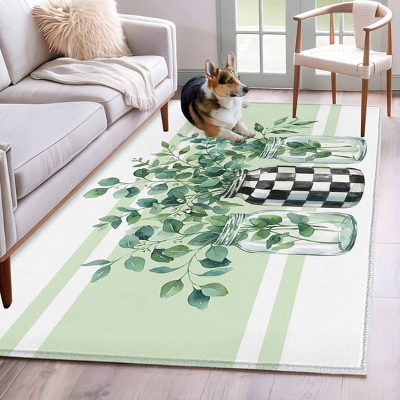 Summer Botanical Washable Area Rugs 2.7'x5', Watercolor Eucalyptus Leaf Black Lattice Green Stripe Low Pile Throw Living Room Rug Non-Slip Sturdy Edge Binding Carpet for Indoor Entryway Bedside