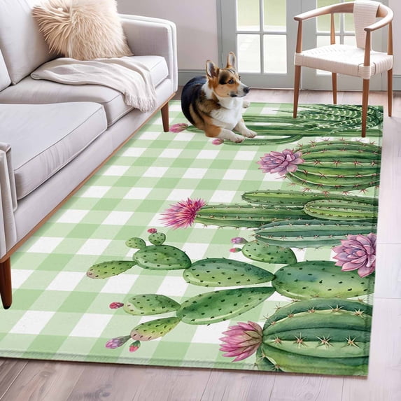 Summer Botanical Washable Area Rugs 3'x5', Tropical Saguaro Opuntia Cactus Green Plaid Low Pile Throw Living Room Rug Non-Slip Sturdy Edge Binding Carpet for Indoor Entryway Bedside Kitchen