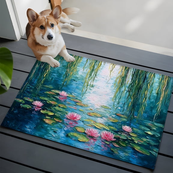 Summer Botanical Washable Entry Rug 2x3 Zen Art Water Lilies Pond Weeping Willow Low Pile Indoor Door Mat with Rubber Backing Thin Area Rug for for Entrance, Bedroom, Kitchen, Laundry, Bathroom