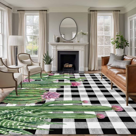 Summer Botanical Washable Living Room Rugs 6'x9', Tropical Saguaro Opuntia Cactus Black Plaid Low Pile Throw Large Area Rug Non-Slip Sturdy Edge Binding Carpet for Dining Room Kitchen Office