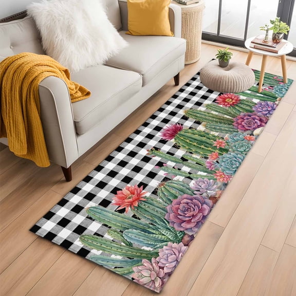 Summer Botanical Washable Runner Rugs 2'x6', Tropical Saguaro Opuntia Green Cactus Black Plaid Low Pile Throw Entryway Rug Non-Slip Sturdy Edge Binding Carpet for Indoor Bedside Entrance Bedside