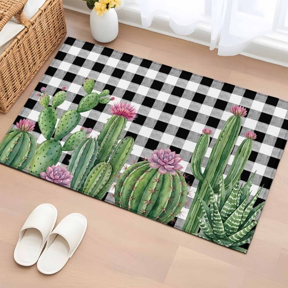 Summer Botanical Washable Small Entryway Area Rugs 2'x3', Tropical Saguaro Opuntia Cactus Black Plaid Low Pile Throw Rug Non-Slip Sturdy Edge Binding Carpet for Front Door Floor Room Entry