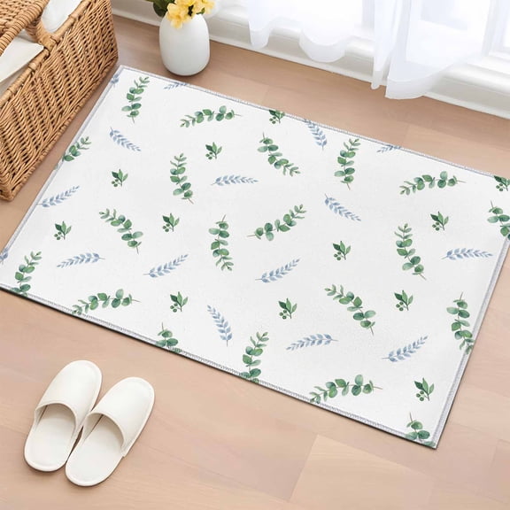 Summer Botanical Washable Small Entryway Area Rugs 2'x3', Watercolor Eucalyptus Leaves Rustic Farmhouse Low Pile Throw Rug Non-Slip Sturdy Edge Binding Carpet for Front Door Floor Room Entry