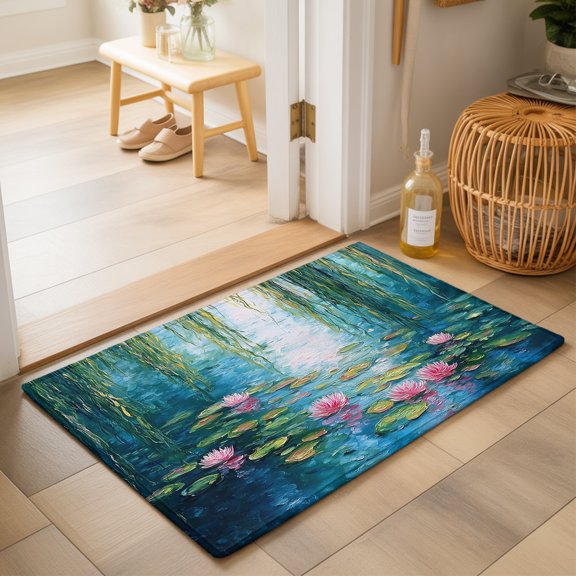 Summer Botanical Washable Small Entryway Area Rugs 2'x3', Zen Art Water Lilies Pond Weeping Willow Washable Throw Rug Non-Slip Sturdy Edge Binding Carpet for Front Door Floor Room Entry