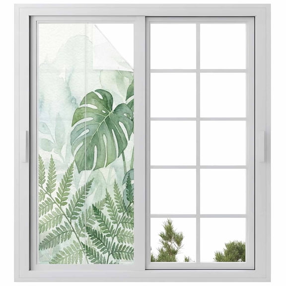 Summer Botanical Window Privacy Film, Green Palm Leaves Tropical Plant Static Cling UV Sun Blocking Heat Control Window Tint Day and Night, Non-Adhesive One Way Windows Privacy Cover 23.6''x59''