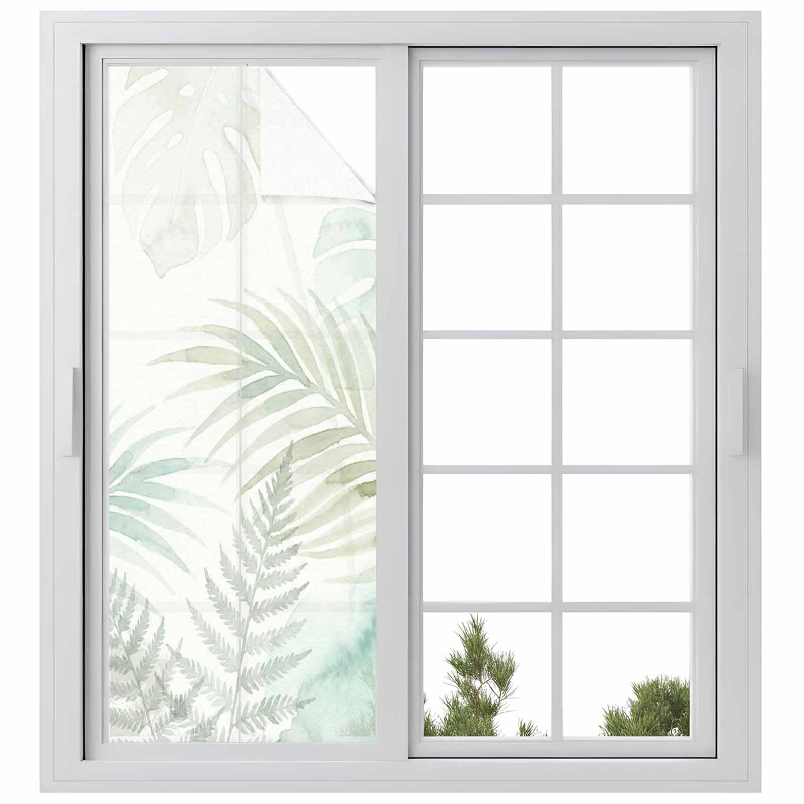 Summer Botanical Window Privacy Film, Green Tropical Palm Leaves Watercolor Static Cling UV Sun Blocking Heat Control Window Tint Day and Night, Non-Adhesive One Way Windows Privacy Cover 23.6''x59''