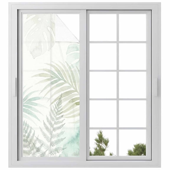 Summer Botanical Window Privacy Film, Green Tropical Palm Leaves Watercolor Static Cling UV Sun Blocking Heat Control Window Tint Day and Night, Non-Adhesive One Way Windows Privacy Cover 23.6''x59''