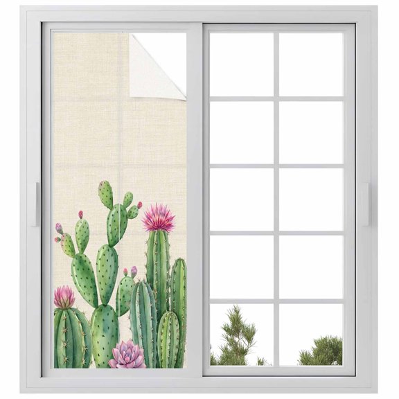 Summer Botanical Window Privacy Film, Tropical Saguaro Opuntia Cacti Linen Texture Frosted Glass Window Clings Static Cling UV Heat Blocking Reusable Door Sticker for Bathroom 23.6 x 59 Inch