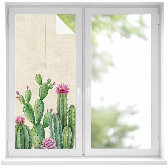 Summer Botanical Window Privacy Film, Tropical Saguaro Opuntia Cacti Linen Texture Frosted Glass Window Clings Static Cling UV Heat Blocking Reusable Door Sticker for Bathroom 17.7 x 39.3 Inch