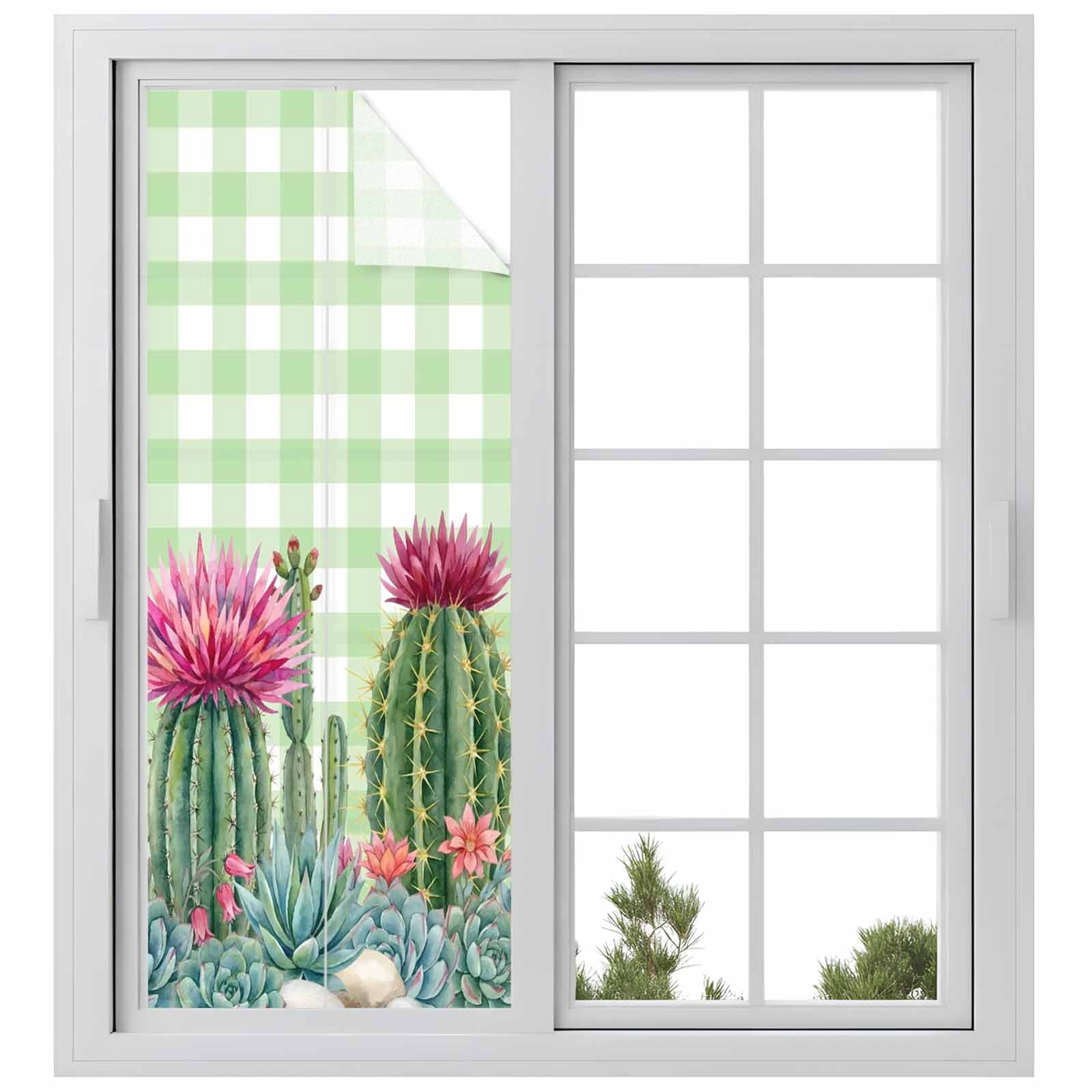 Summer Botanical Window Privacy Film, Tropical Saguaro Opuntia Cactus Green Stripes Frosted Glass Window Clings Static Cling UV Heat Blocking Reusable Door Sticker for Bathroom 23.6 x 59 Inch