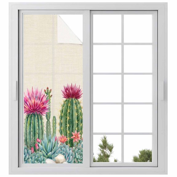 Summer Botanical Window Privacy Film, Tropical Saguaro Opuntia Cactus Linen Texture Frosted Glass Window Clings Static Cling UV Heat Blocking Reusable Door Sticker for Bathroom 23.6 x 59 Inch