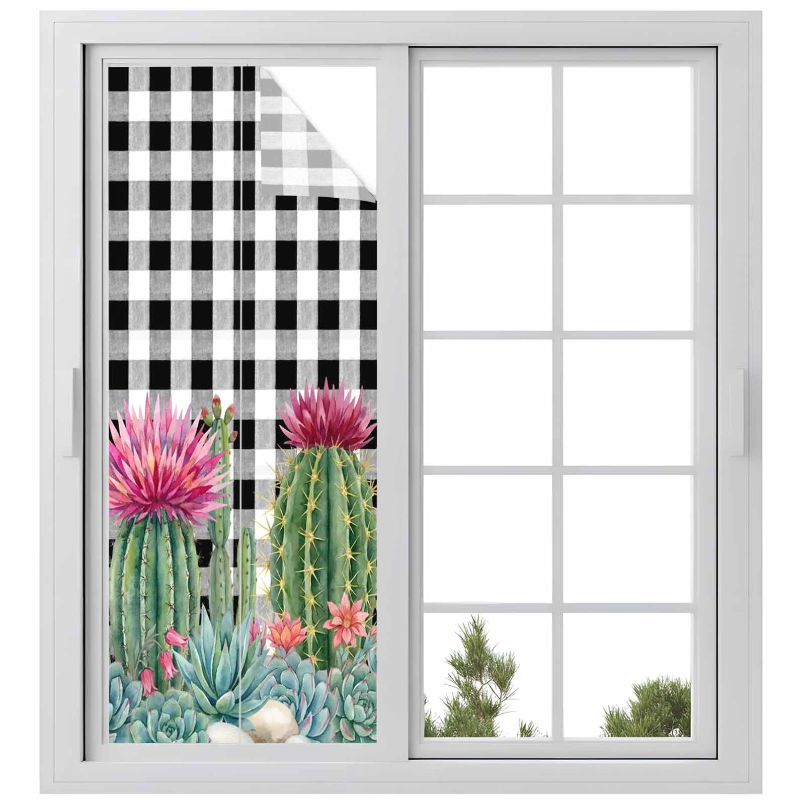 Summer Botanical Window Privacy Film, Tropical Saguaro Opuntia Green Cactus Black Plaid Frosted Glass Window Clings Static Cling UV Heat Blocking Reusable Door Sticker for Bathroom 23.6 x 59 Inch