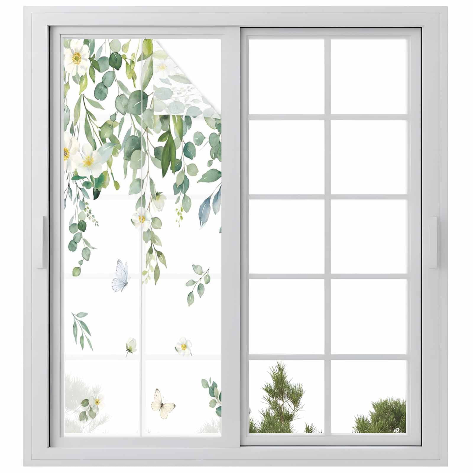 Summer Botanical Window Privacy Film, Watercolor Eucalyptus Leaves Farmhouse Frosted Glass Window Clings Static Cling UV Heat Blocking Reusable Door Sticker for Bathroom 23.6 x 59 Inch