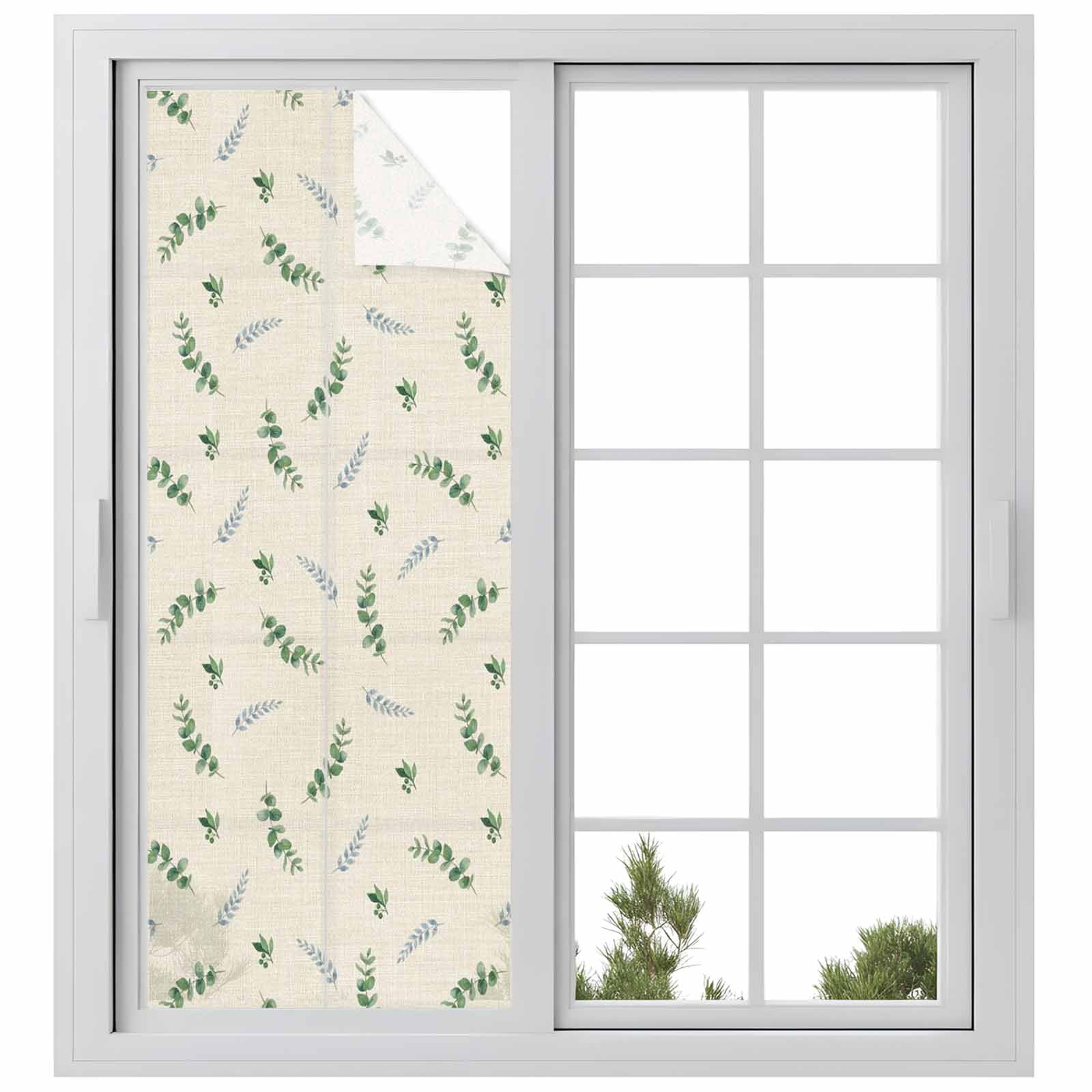Summer Botanical Window Privacy Film, Watercolor Eucalyptus Leaves Rustic Linen Texture Frosted Glass Window Clings Static Cling UV Heat Blocking Reusable Door Sticker for Bathroom 23.6 x 59 Inch