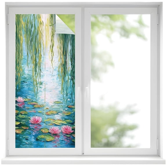 Summer Botanical Window Privacy Film Zen Art Water Lilies Pond Weeping Willow Decorative Glass Window Film UV Blocking Static Cling Non-Adhesive Sticker Covering for Home Door 17.7 x 39.3 inches
