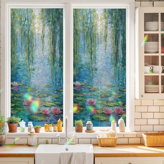 Summer Botanical Window Privacy Film Zen Art Water Lilies Pond Weeping Willow Static Cling Stained Glass Window Film Non-Adhesive Decorative Decals Rainbow Sticker 17.7"X39.3"
