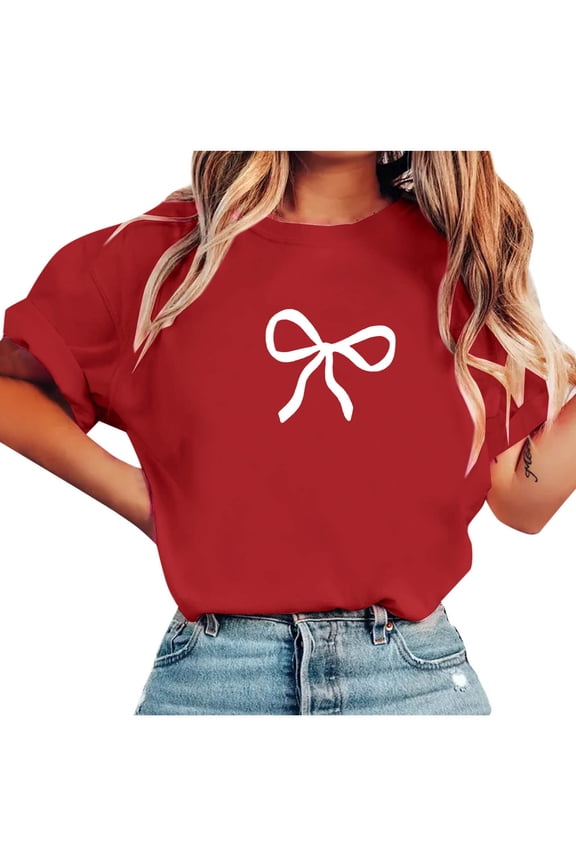 Summer Bow Tee Shirt Women Short Sleeve Valentines Day Graphic Tees Casual Loose Cute Valentine Holiday Tops, S Red