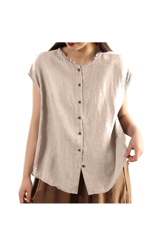 Summer Boxy Tops for Women Short Sleeve Linen Shirts Plus Size Boho Embroidered Floral Spring Tunic Blouse Vacation