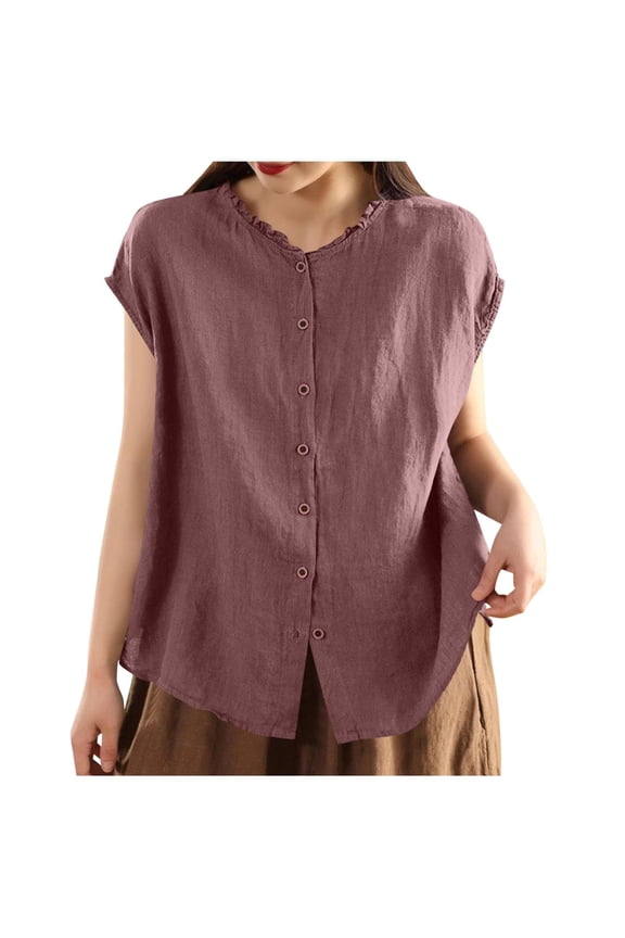 Summer Boxy Tops for Women Short Sleeve Linen Shirts Plus Size Boho Embroidered Floral Spring Tunic Blouse Vacation