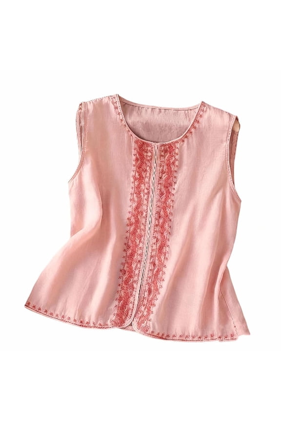 Summer Boxy Tops for Women Short Sleeve Linen Shirts Plus Size Boho Embroidered Floral Spring Tunic Blouse Vacation