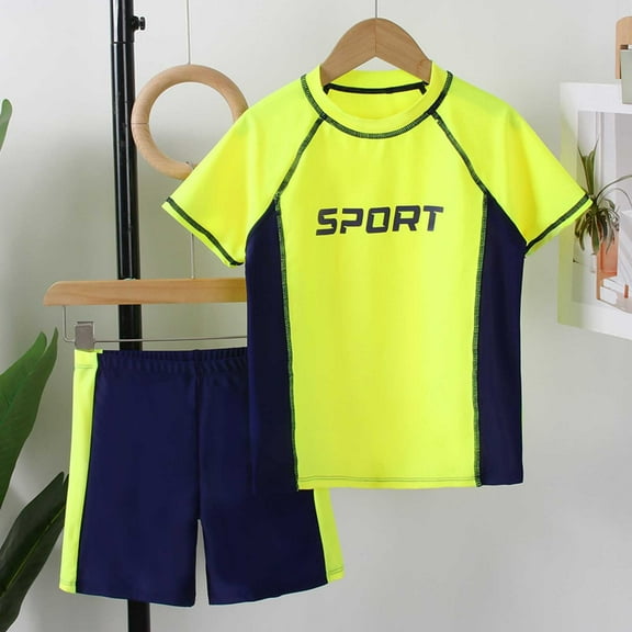 Summer Boys 2 Piece Swimwear Set Sport Colour Blocked Letter Print Short Sleeved Shorts Sports Swimwear Yellow 7 Y-8 Y