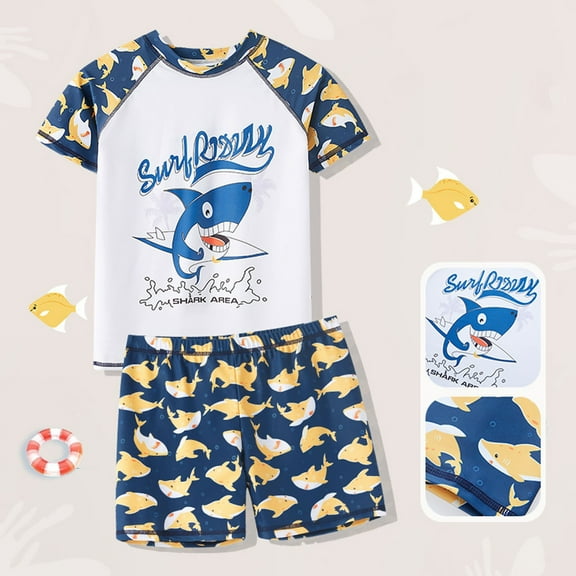 Summer Boys Beach Style Cartoon Dolphin Print Boys Short Sleeved Shorts Separate Swimwear White 2 Y-3 Y