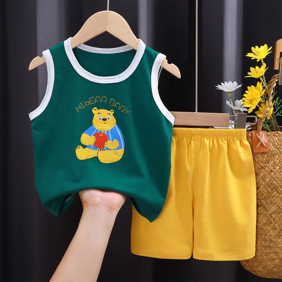 Summer Boys Girls 2 Piece Outfits, Toddler Boys Casual Clothing Set, Children's Summer Printing Comfortable Short Round-Neck Tank Sets | Akmoler,Army Green 100