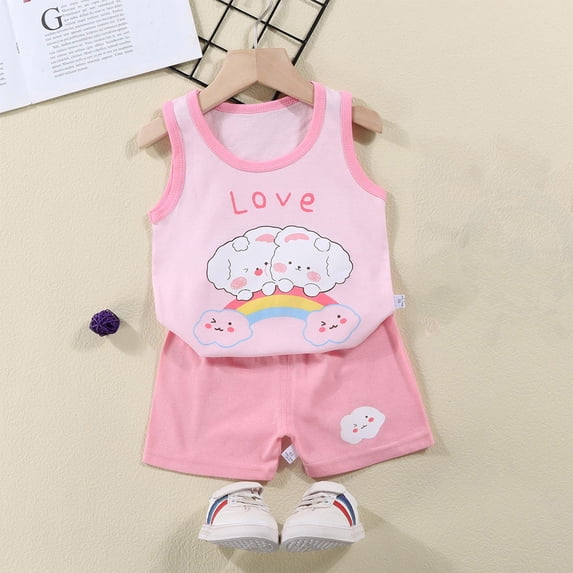 Summer Boys Girls 2 Piece Outfits, Toddler Girls Casual Clothing Set, Baby Summer Boy Cute Printed Round Neck Tank Shorts Suit | Akmoler,Pink 5 Years