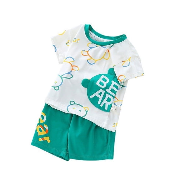 Summer Boys' New AOP Colorful Bear Short Sleeve Set Summer Men's Casual Round Neck T Fashion Shorts Two Piece Set