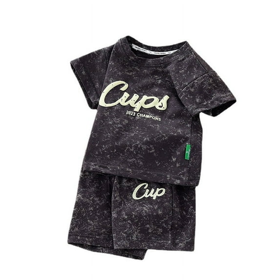 Summer Boys' New Cup Round Neck Short Sleeve Set Summer Men's Treasure Fashion Tie Dye Casual Two Piece Set