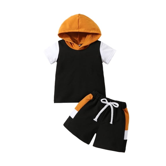 Summer Boys Outfits Casual Sports Color Patchwork Short Sleeve Hoodie + Elastic Waist Solid Color Shorts Two Piece Set Leisure Versatile Boys Set