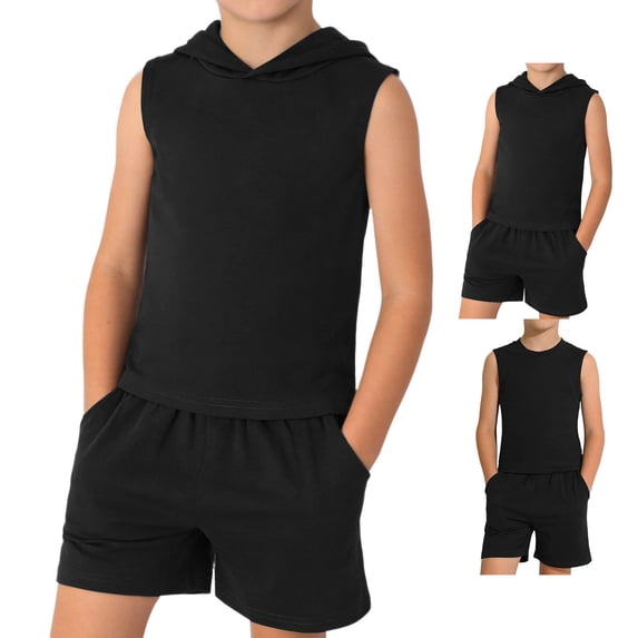 Summer Boys Outfits Sleeveless Hooded Tank Top and Shorts Boys Beach Outfit Boys 2 Piece Outfits Size 3-13 Years