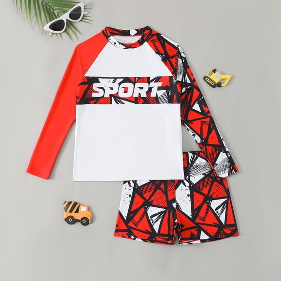 Summer Boys Separate 2 Piece Long Sleeved Swimsuit With Sport Letter Diamond Pattern Shorts Sun Protection Red 8 Y-9 Y