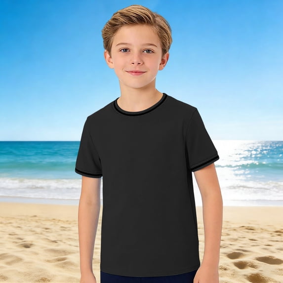 Summer Boys Striped‑Trim Short‑Sleeve Tee, Breathable Casual T‑Shirt For Beach & Outdoor Play