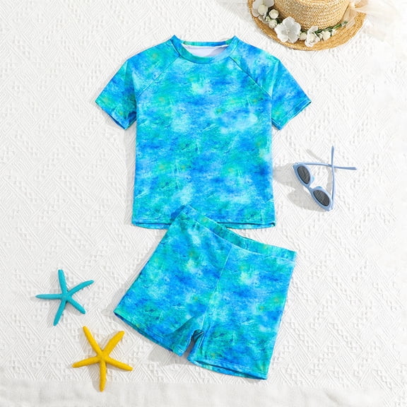 Summer Boys' Tie Dye Short Sleeved 2 Piece Set Comfortable Beach Style Swimwear Sky Blue 6 Y-7 Y