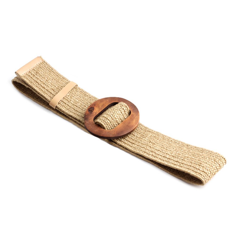Summer Braided Casual Wide Wooden Buckle Straw Belt Elastic 