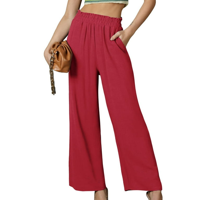 Summer Break Savings,POROPL Fashion Casual Elastic Waist Pocket Solid  Trousers Long Pants for Women Trendy Clearance Red Size 8