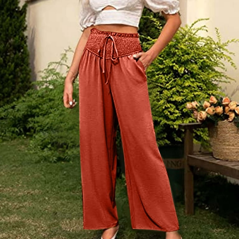 Summer Break Savings,POROPL Loose Wide Leg Cotton Linen Trousers Straight  Casual Pants Dress Pants for Women Clearance Red Size 10