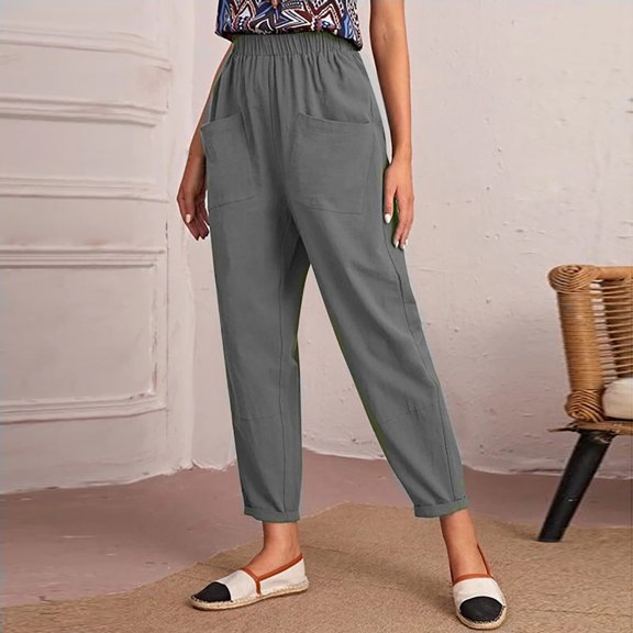 Break POROPL Plus Size Fashion Elastic Waist Casual Solid Straight Leg Cotton Linen Cropped Pocket Trousers Woman Sweatpants Gray Size 14